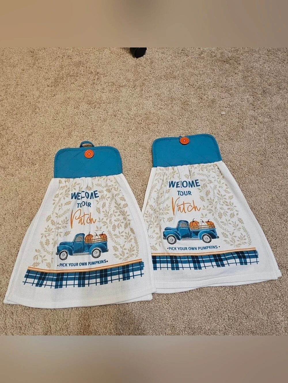 2 Handcrafted Potholders Attached To Towels | Blue, White, Orange, Tan | Pumpkin